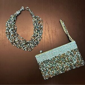 Turquose Blue Beads Hand-Made Beaded Necklace and Clutch Matching Set